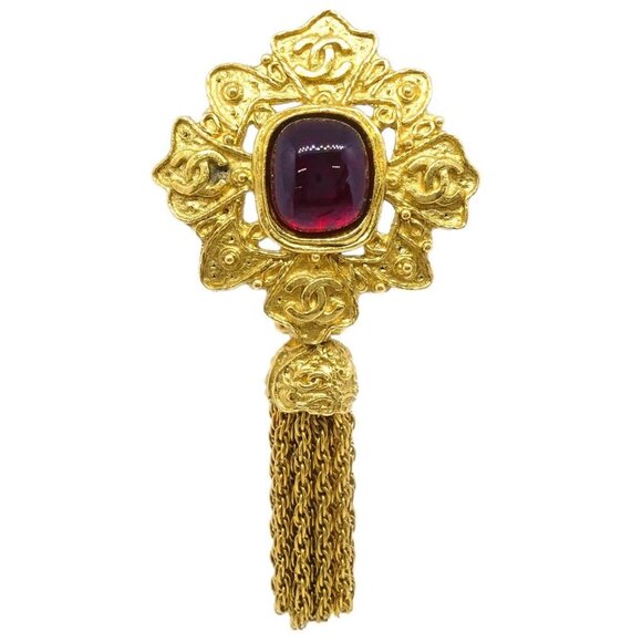 Chanel Gripoix Brooch Pin Gold Red Fringe 94A 165789 - Picture 1 of 8